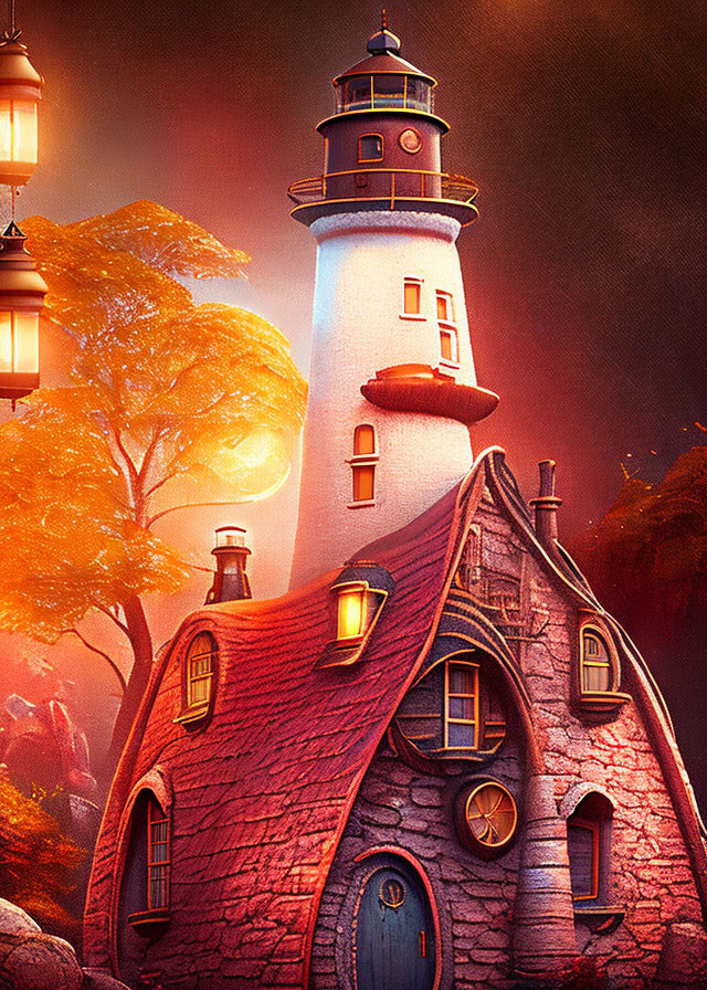 Illustration of lighthouse and stone cottage in autumn setting