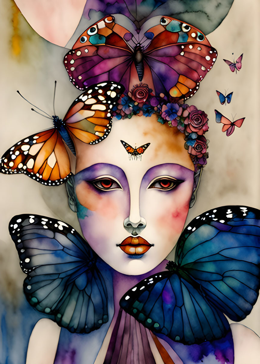 Surreal portrait of a person with butterfly wings as hair and adornments