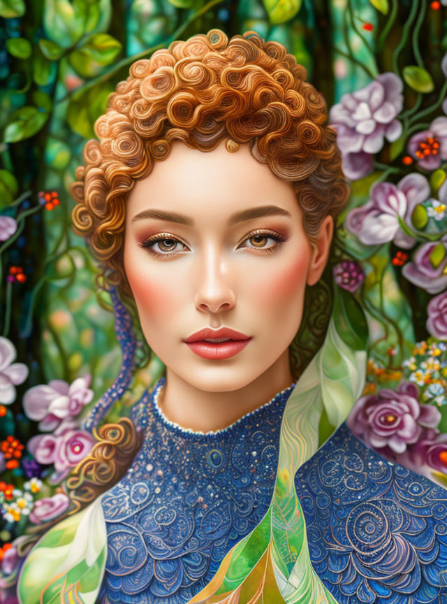 Vibrant digital illustration of woman with curly hair and floral background