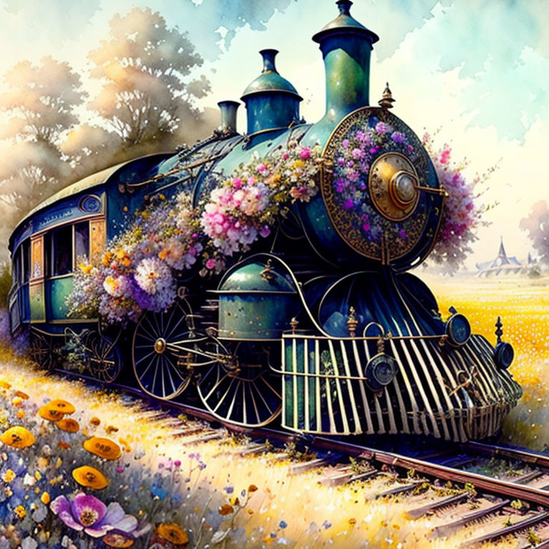 Colorful Vintage Steam Train with Floral Accents in Pastel Landscape