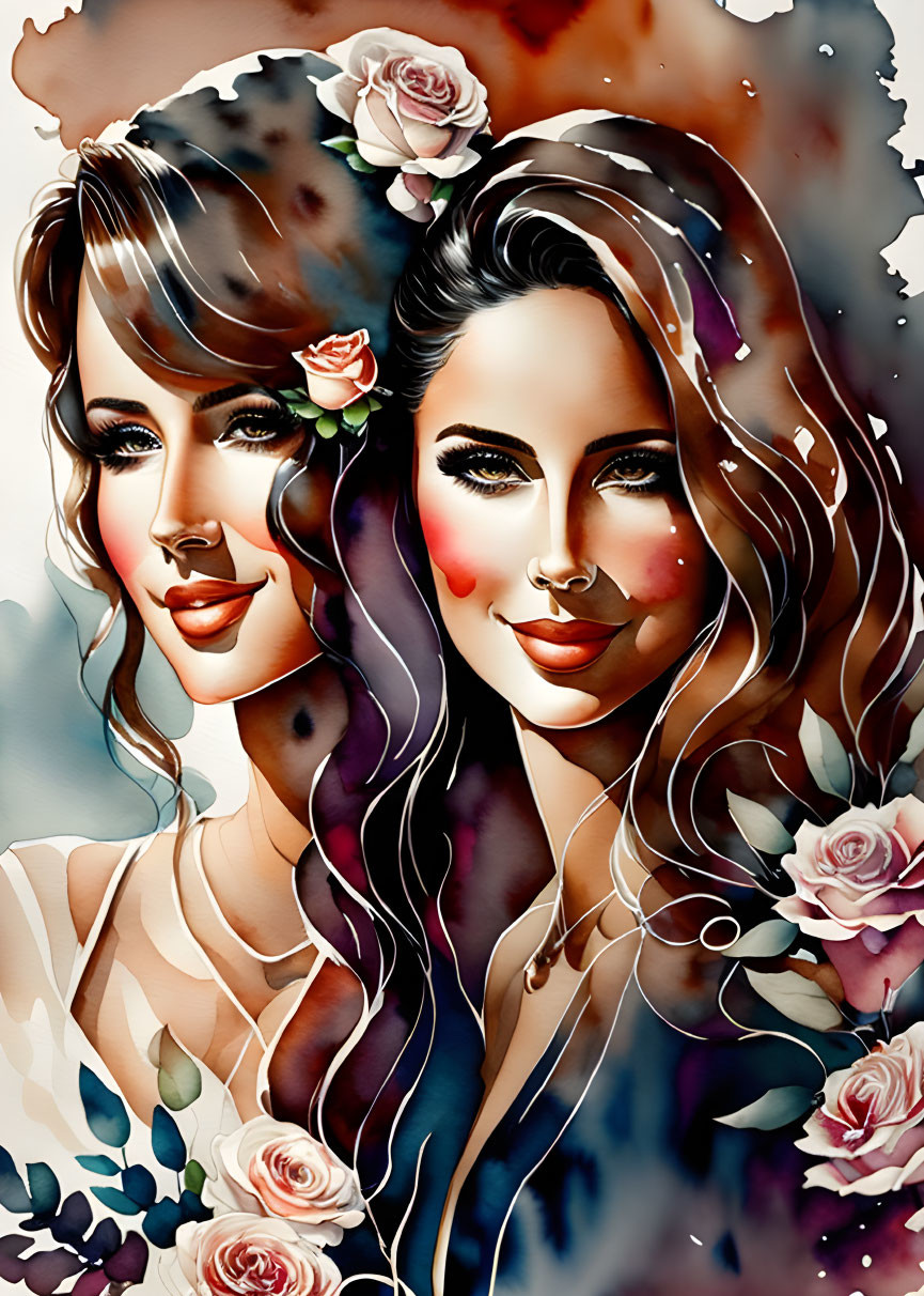 Two Women Illustration: Flowing Hair, Rose Adornments, Vibrant Watercolor Effects