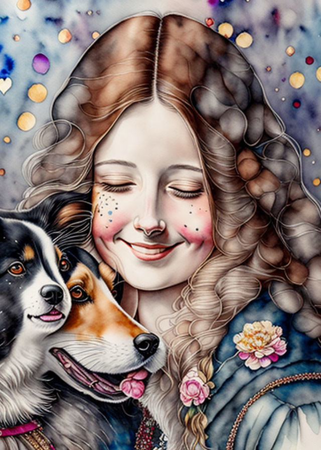 Smiling woman with freckles and curly hair hugging dogs on colorful background