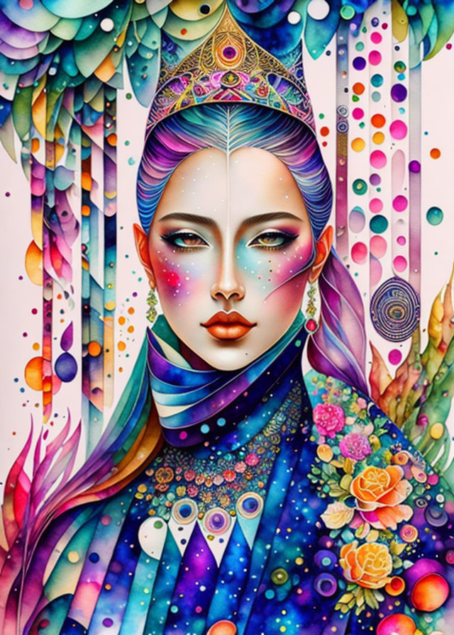 Colorful Stylized Woman Illustration with Floral and Celestial Motifs