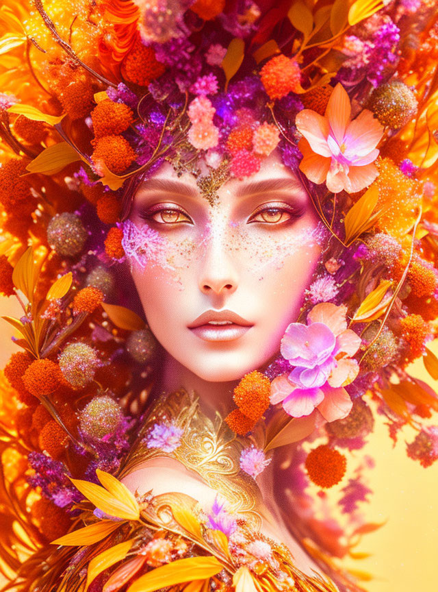 Vibrant floral headpiece with orange and pink blooms on a person with golden eye makeup and spe