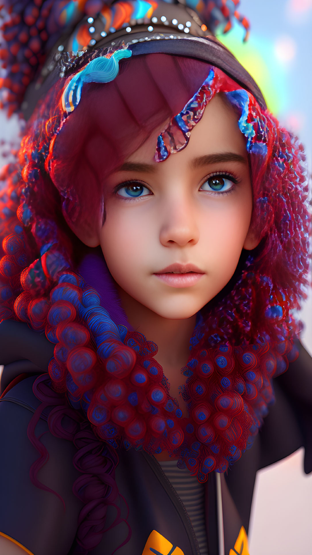 Digital artwork: Girl with blue eyes, curly purple & red hair, headband, yellow jacket.