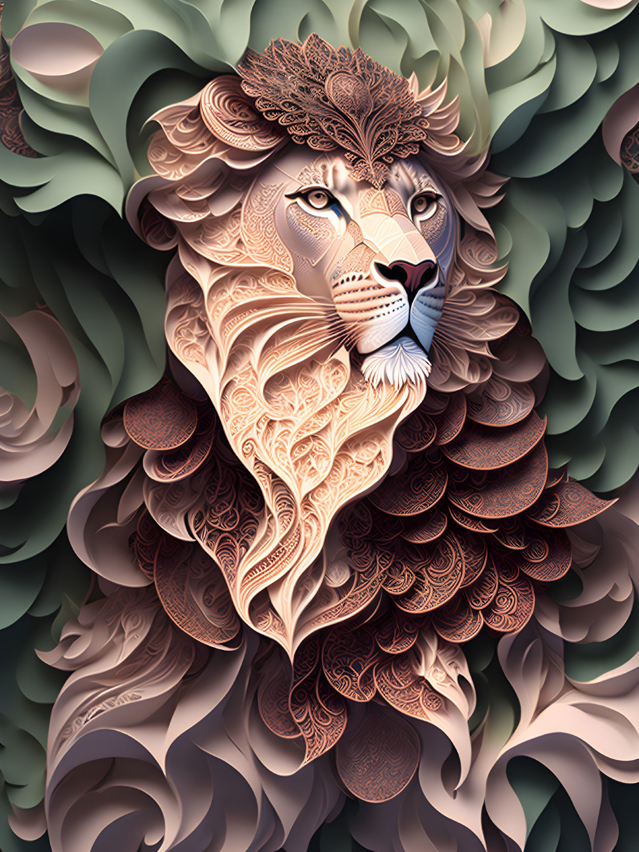 Detailed Digital Artwork: Lion with Ornate Green and Bronze Mane