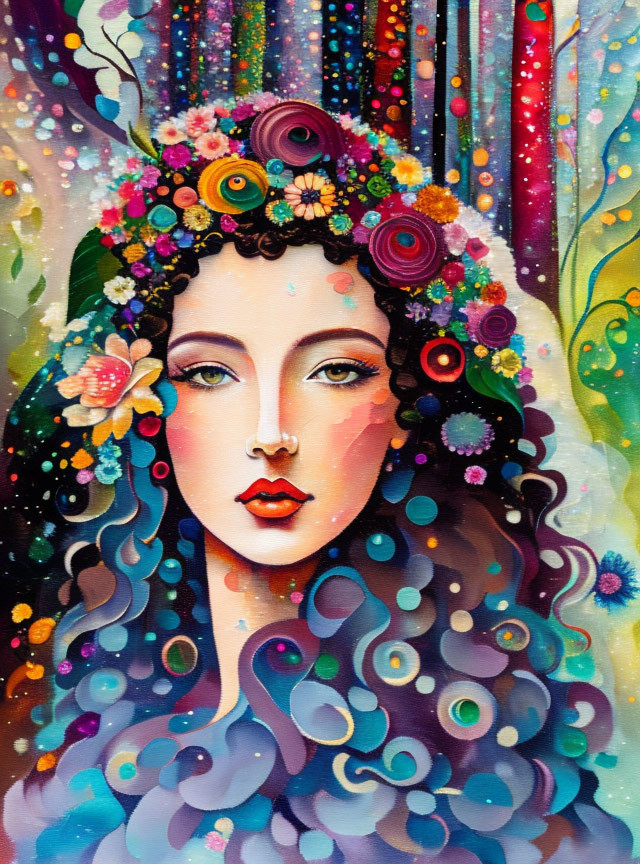 Colorful painting of woman with floral crown and flowing hair in forest scene