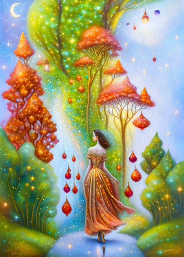 Whimsical painting of woman under magical tree