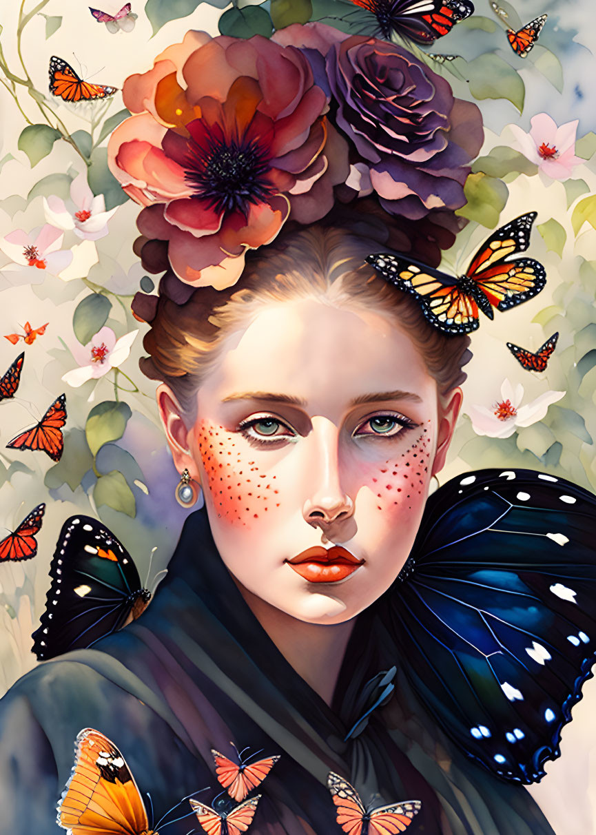 Woman illustration with floral and butterfly motifs in vibrant colors