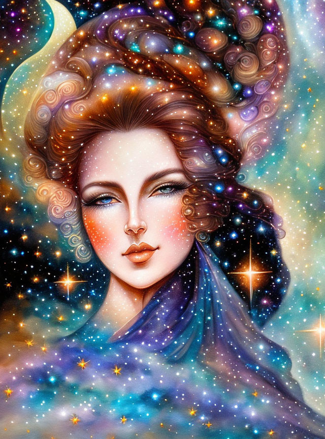 Vibrant cosmic-themed woman illustration with colorful hair and starry backdrop