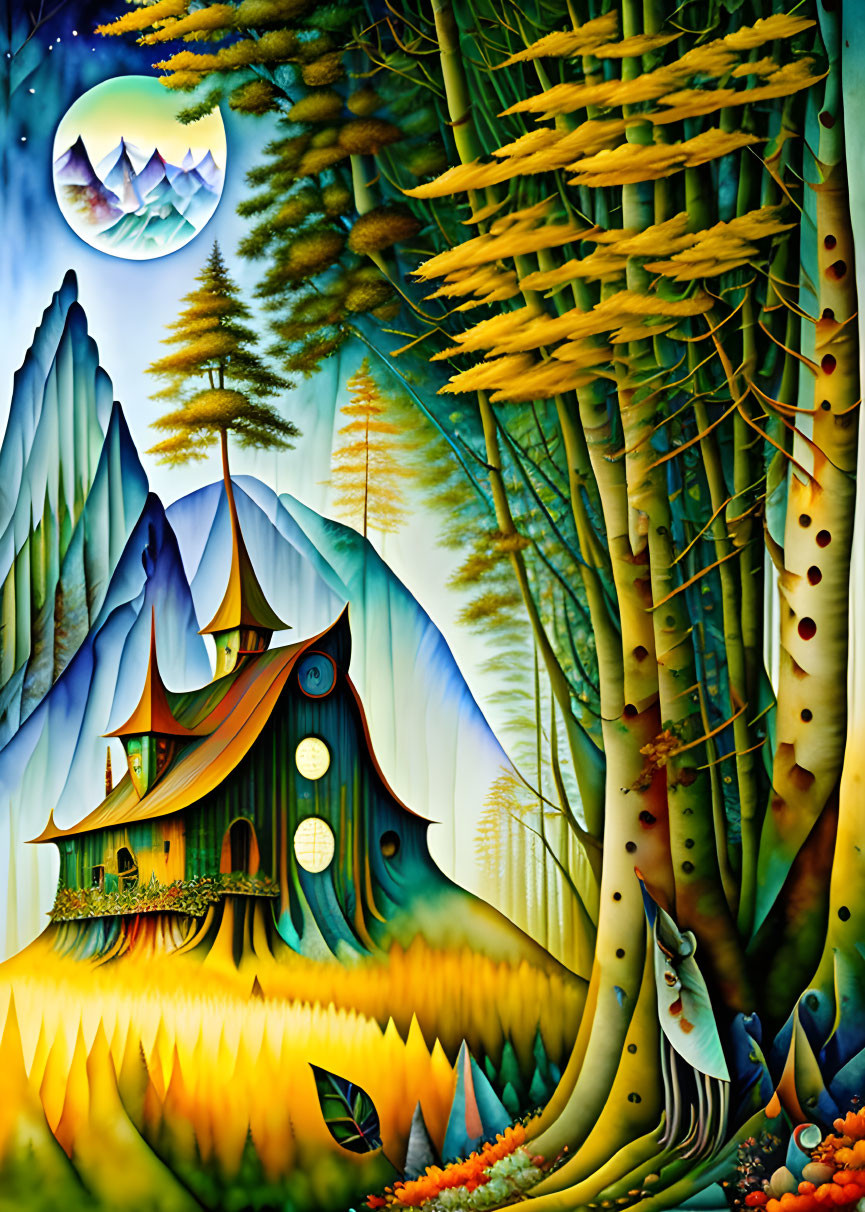 Colorful Fairy-Tale Cottage in Moonlit Mountain Scene