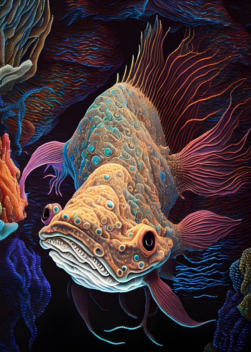 Colorful Fish Illustration with Intricate Patterns and Multiple Eyes in Underwater Scene