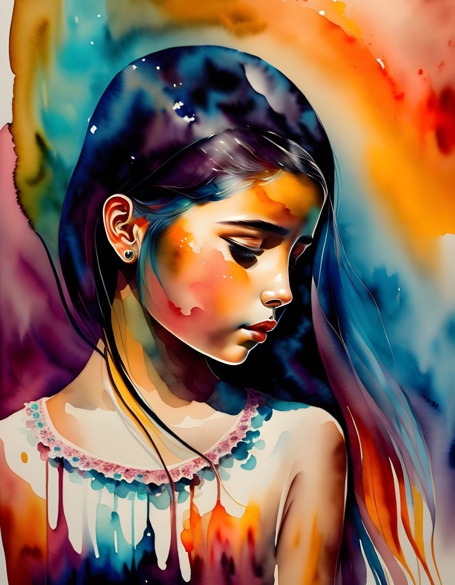 Colorful Watercolor Effect Digital Painting of Girl in Abstract Background