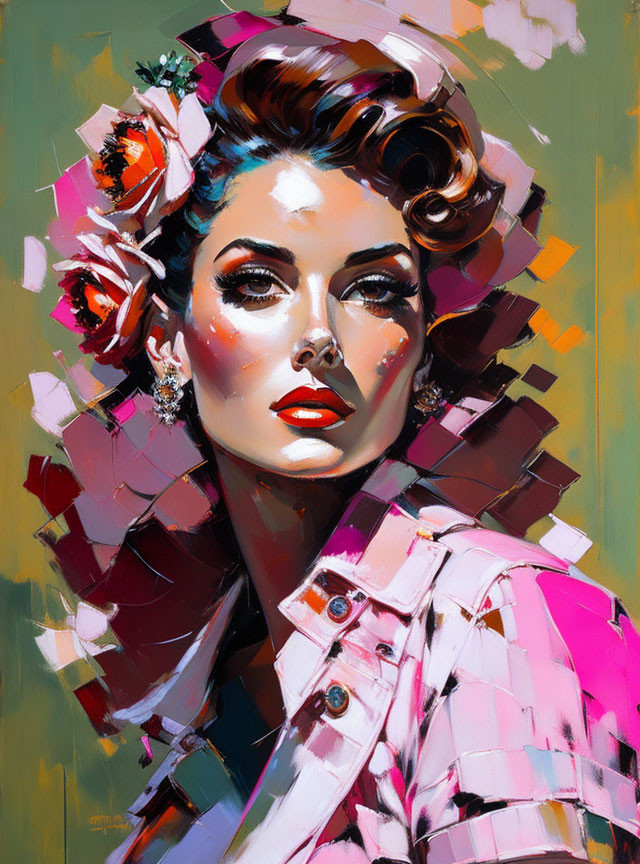 Vibrant floral portrait of a dynamic woman with modern, abstract elements