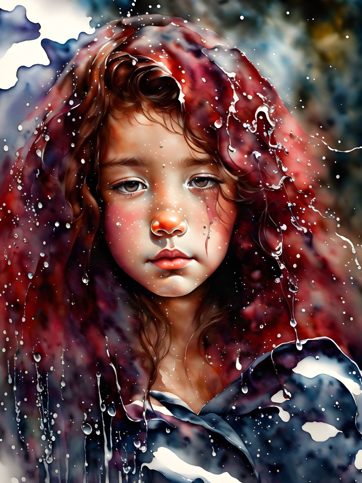 Digital painting of young girl in red hood with dripping water, blurred background