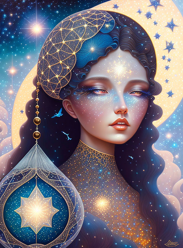 Fantasy illustration of woman with star-speckled blue skin and cosmic background