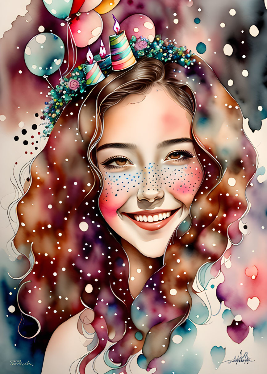 Illustrated girl with long wavy hair and party hats in colorful, whimsical scene