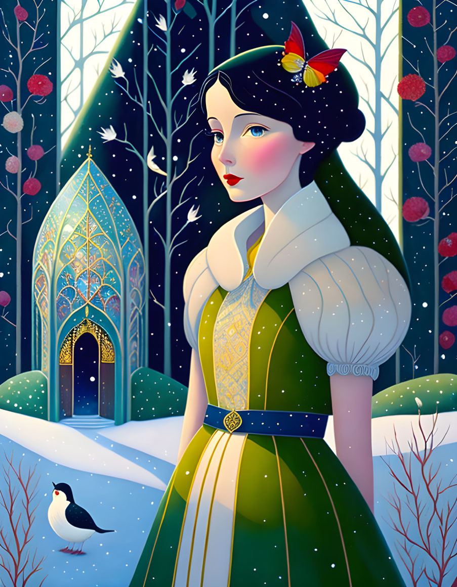 Woman in green dress with white fur collar in winter forest with pigeon, gothic window, and butterfly