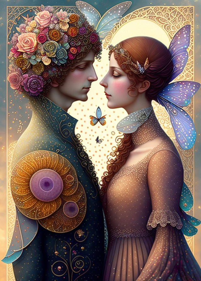 Stylized fairy-tale couple illustration with ornate floral motifs