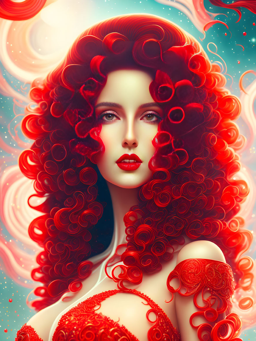 Digital Artwork: Woman with Red Curly Hair and Blue Eyes in Red Attire