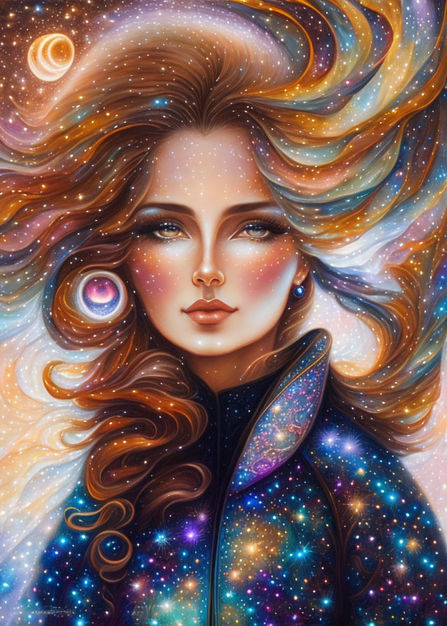 Cosmic-themed artwork featuring woman intertwined with stars and galaxies