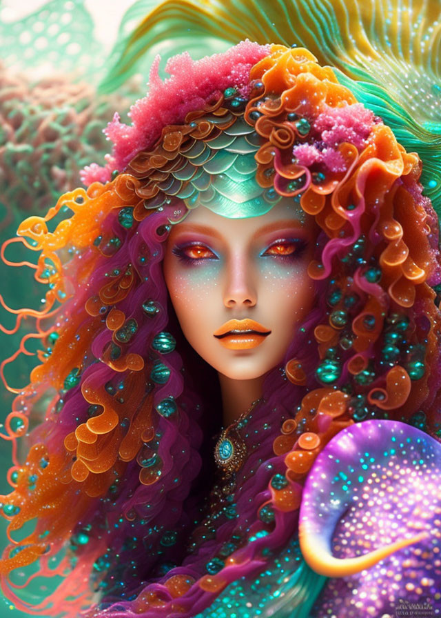 Vibrant multi-colored hair mermaid with seashell adornments