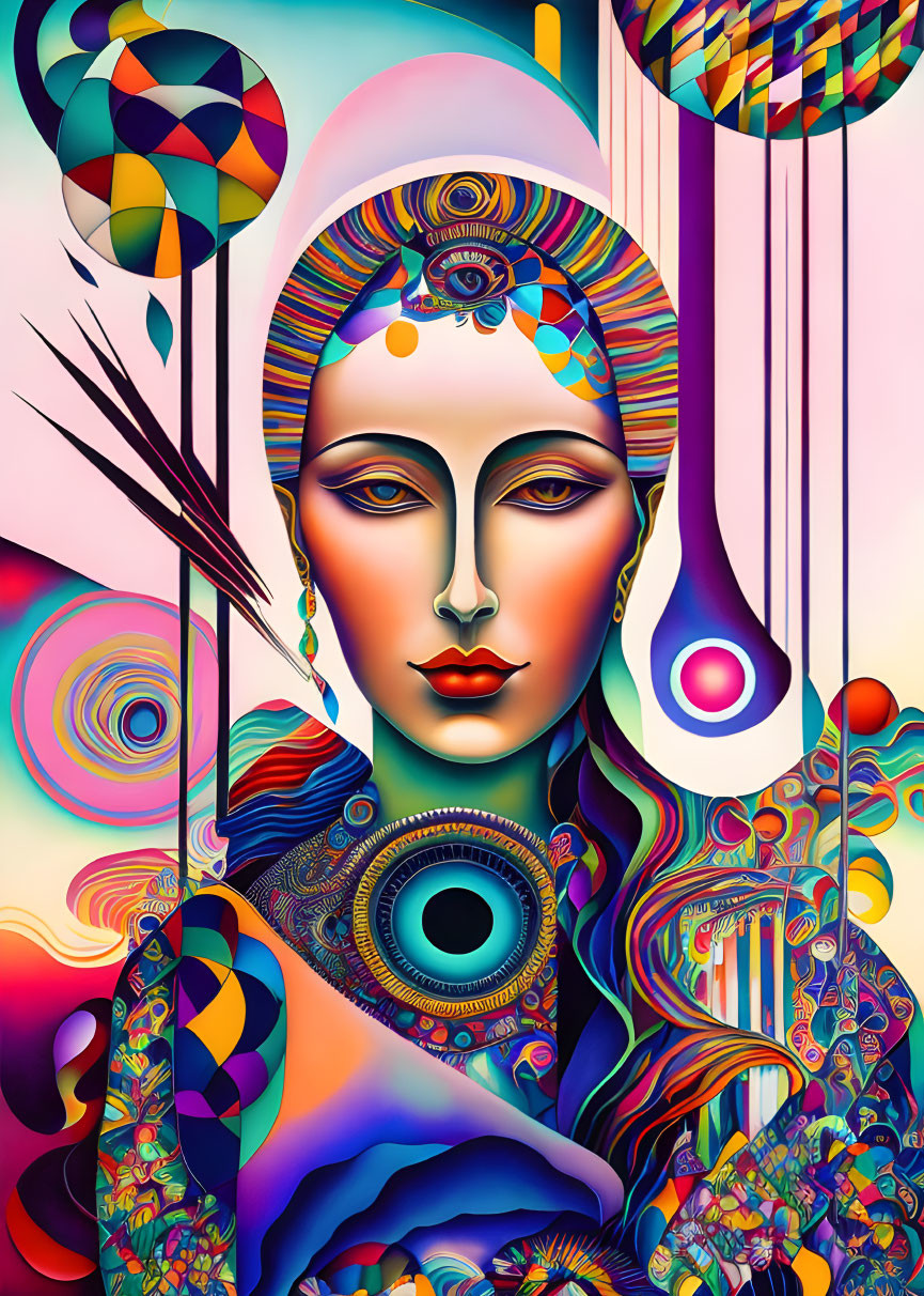 Vibrant psychedelic female portrait with intricate patterns and abstract shapes