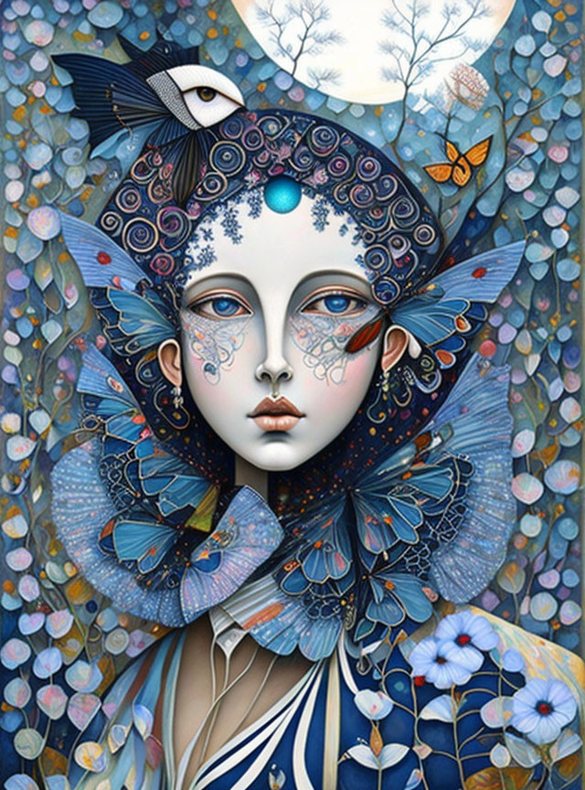 Surreal portrait of female figure with blue butterfly wings, birds, flowers, and butterfly on floral