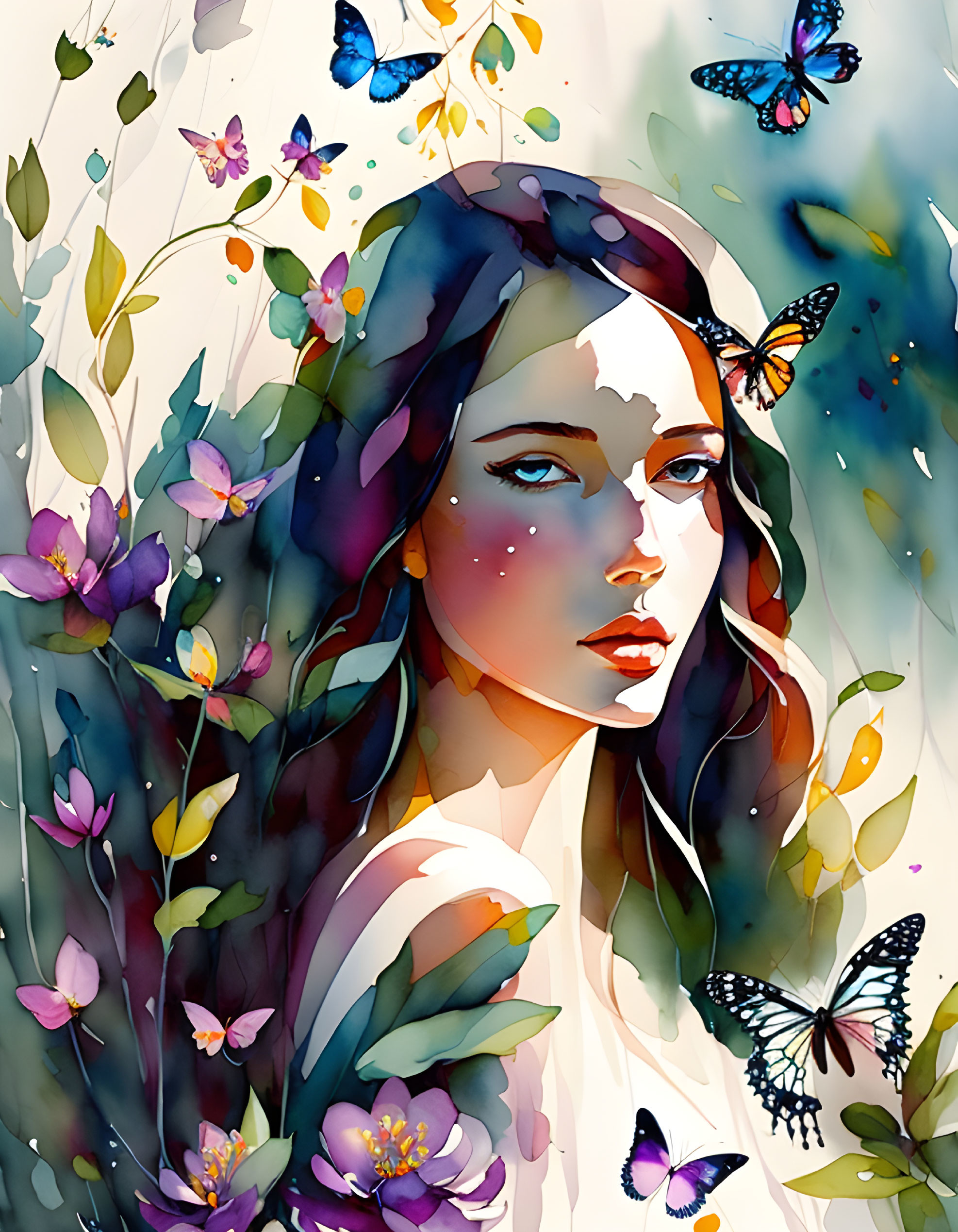 Vibrant watercolor art: Woman among flowers and butterflies