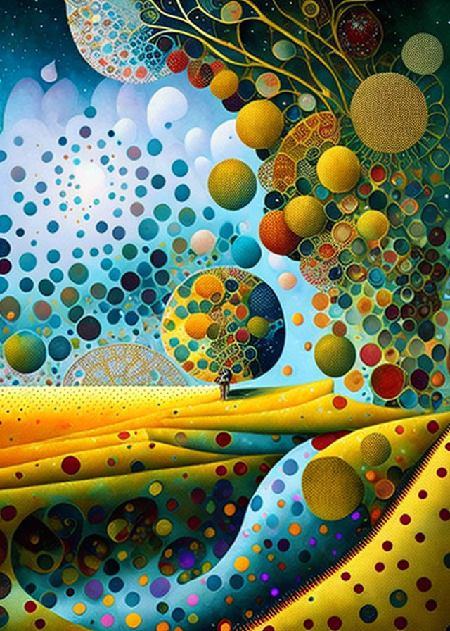 Colorful Abstract Artwork with Cosmic Landscape and Yellow Layers