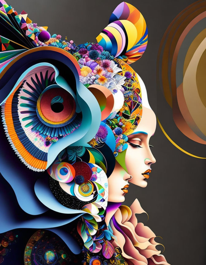 Vibrant digital artwork: Two women with intricate floral and geometric elements