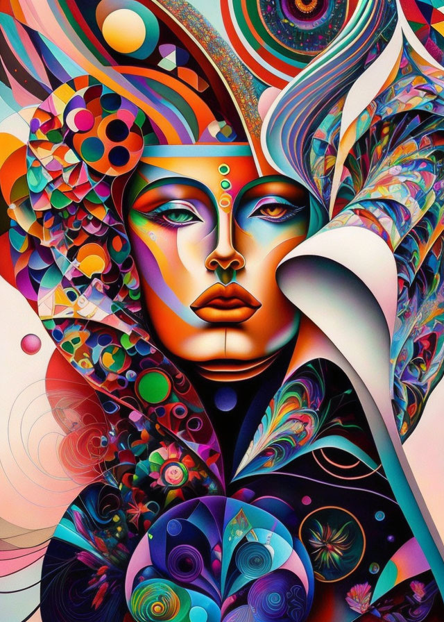 Vibrant psychedelic portrait blending woman's face with abstract shapes