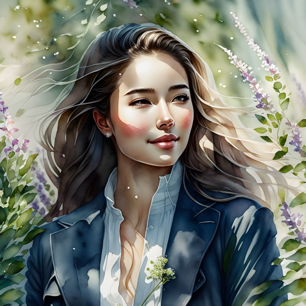 Digital painting of woman with flowing hair among flowers and light speckles