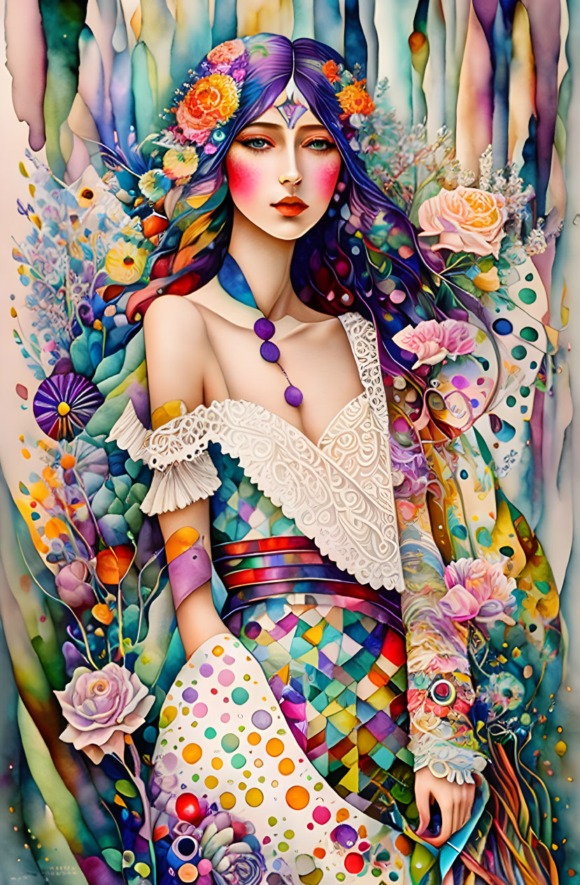 Colorful illustration of a woman in floral attire with whimsical backdrop