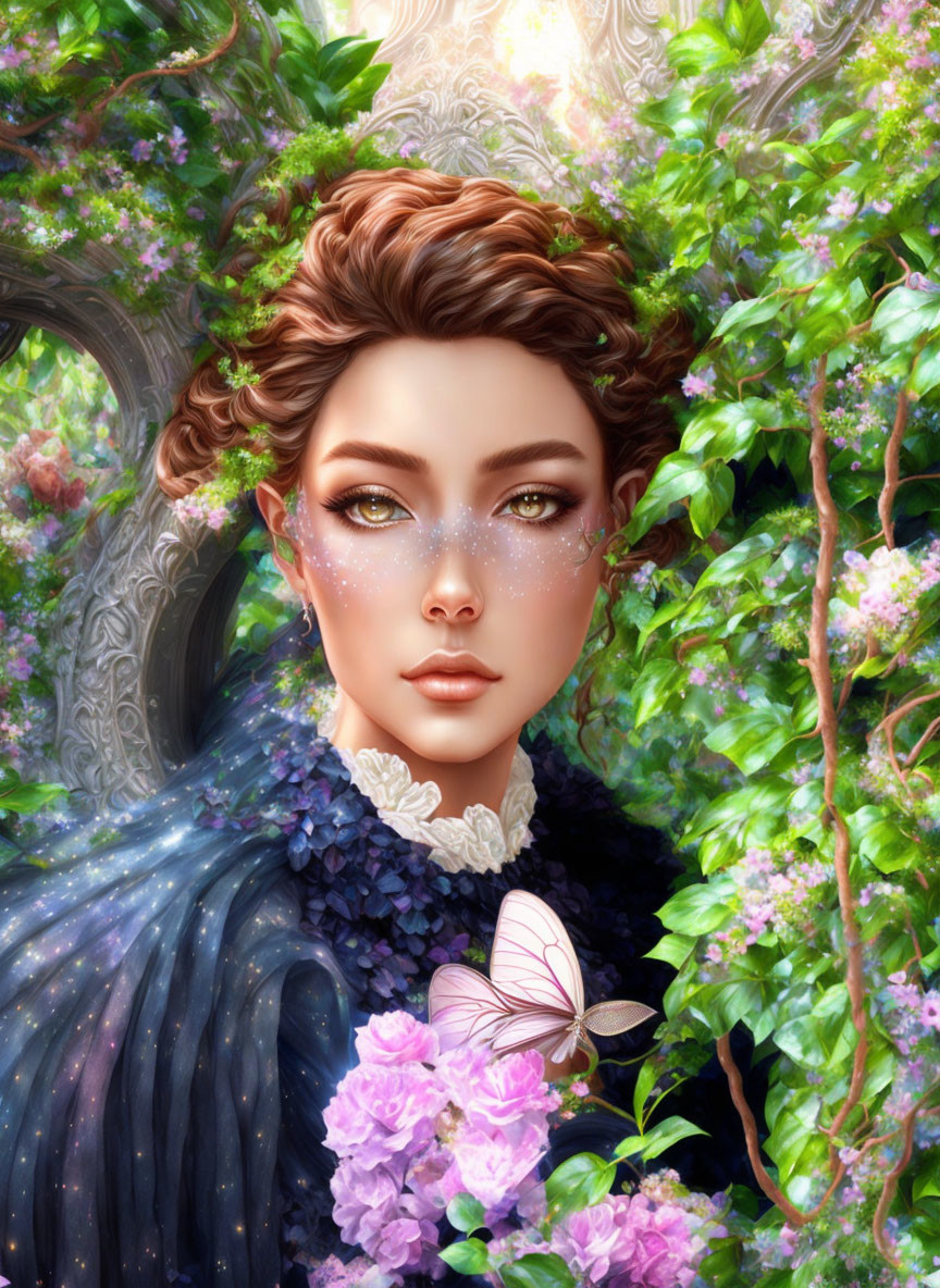 Digital artwork of a woman with brown hair and sparkling freckles in dark floral garment amidst lush green