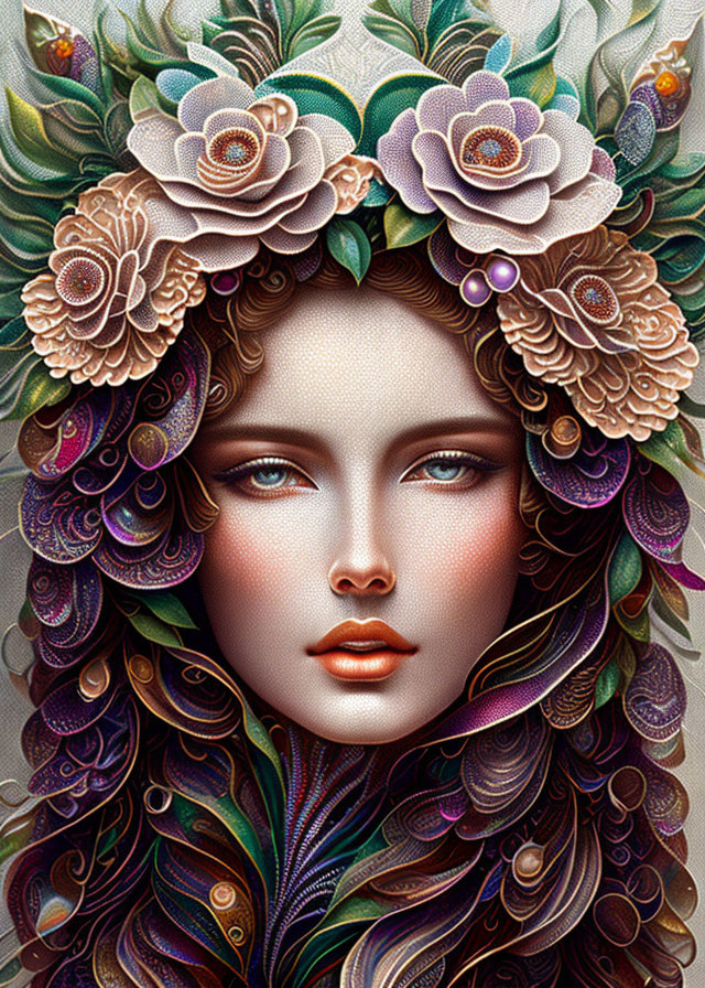 Vibrant floral hair illustration with intricate patterns