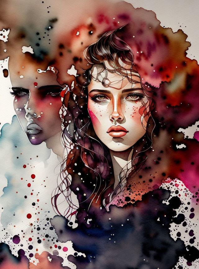 Abstract watercolor art: Two female faces with expressive eyes in red, purple, and black ink spl