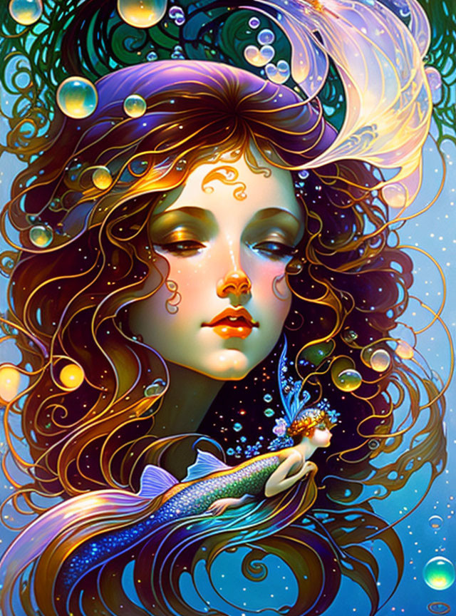 Colorful Illustration of Woman with Flowing Hair, Bubbles, Fish, Cosmic Theme