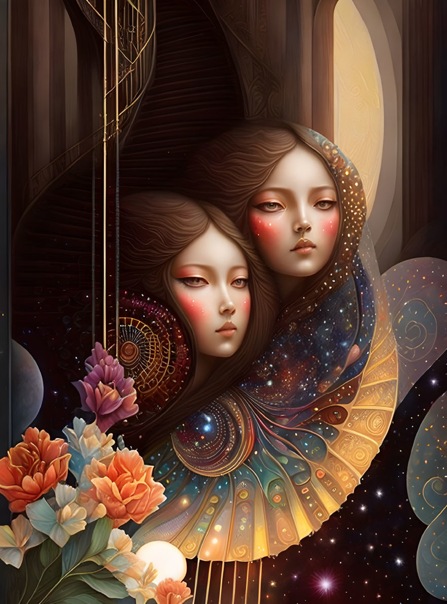 Surreal illustration featuring pale figures with red eyes in celestial and floral settings