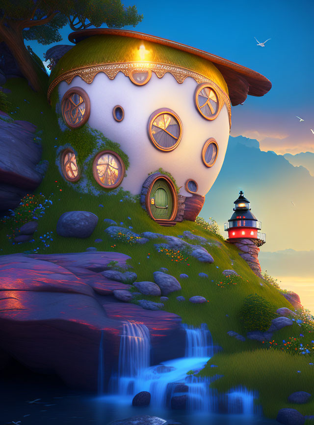 Whimsical round house by waterfall and lighthouse at twilight