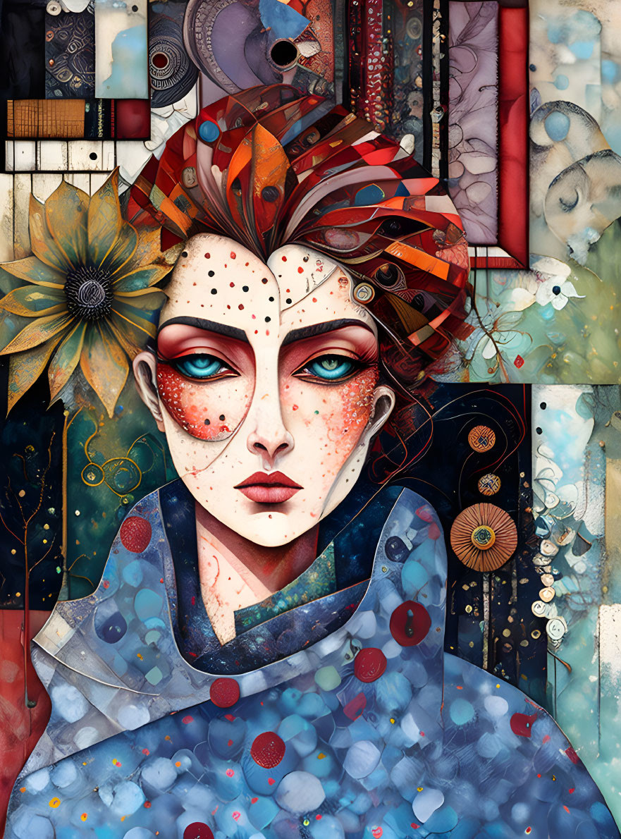 Colorful digital artwork: Woman with striking eyes, freckles, surrounded by floral and geometric motifs