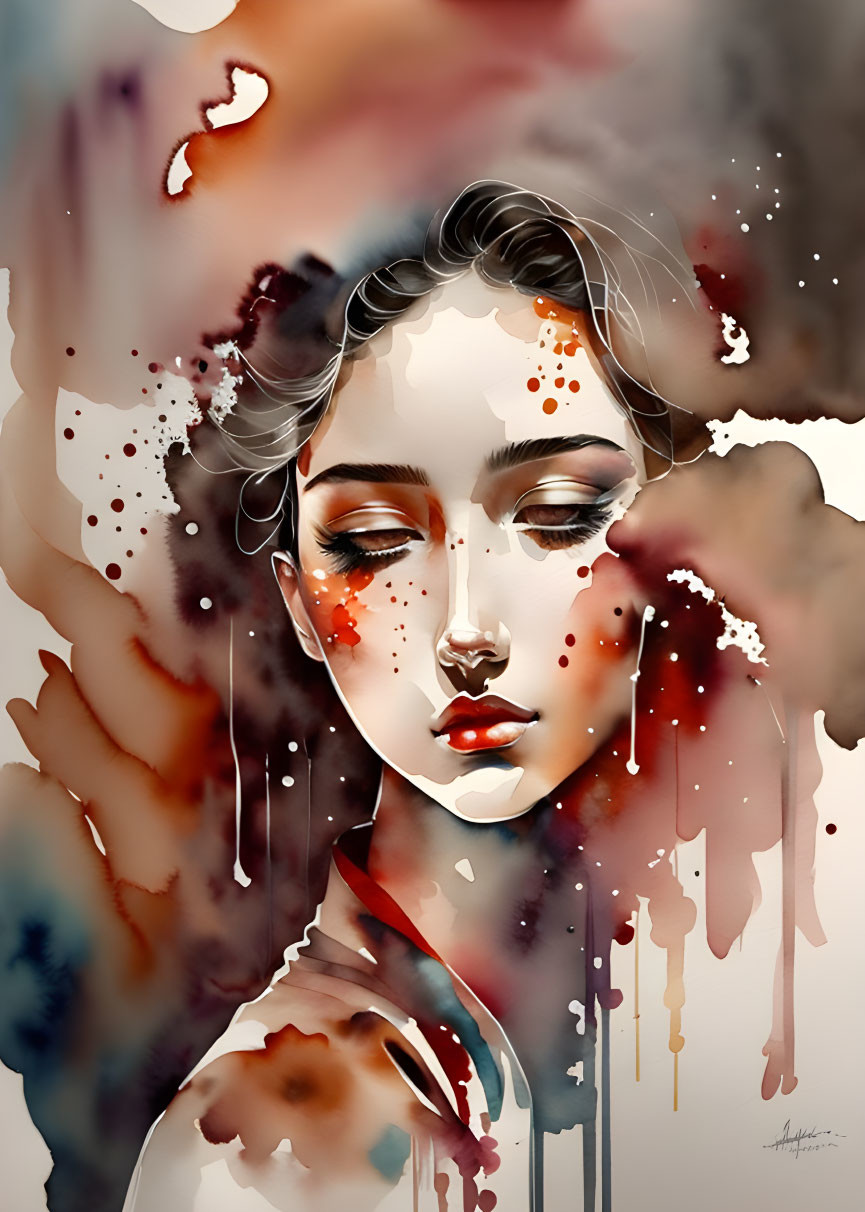 Vibrant watercolor portrait of a woman with closed eyes