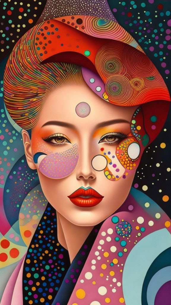 Colorful Artwork: Woman's Face with Stylized Makeup and Swirling Patterns