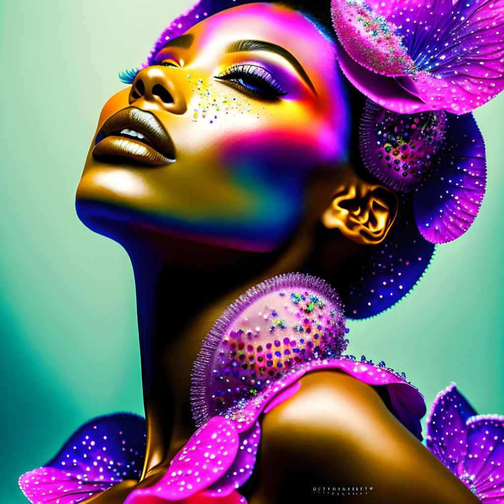 Colorful surreal artwork of a woman with exotic makeup and flower adornments