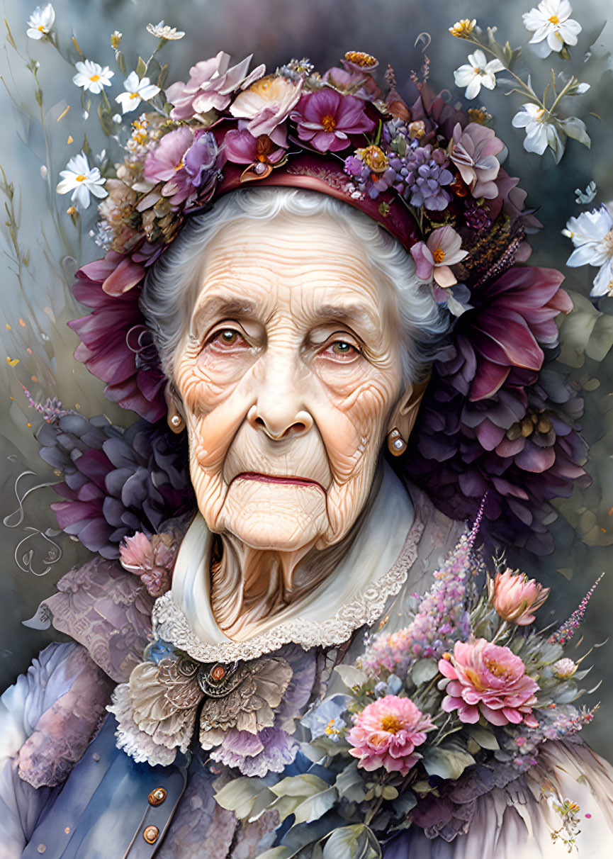 Elderly woman with serene expression and floral wreath in dreamy setting