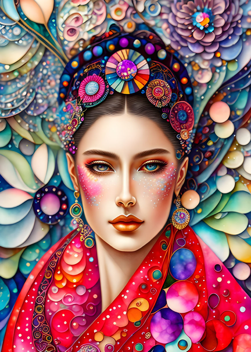 Colorful digital artwork of a woman adorned with floral patterns and jewels