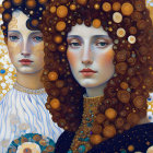 Surreal digital artwork of two women with ornate skin and flower-adorned hair