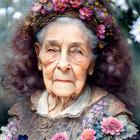 Elderly woman with serene expression and floral wreath in dreamy setting