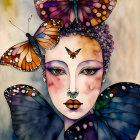 Surreal portrait of a person with butterfly wings as hair and adornments