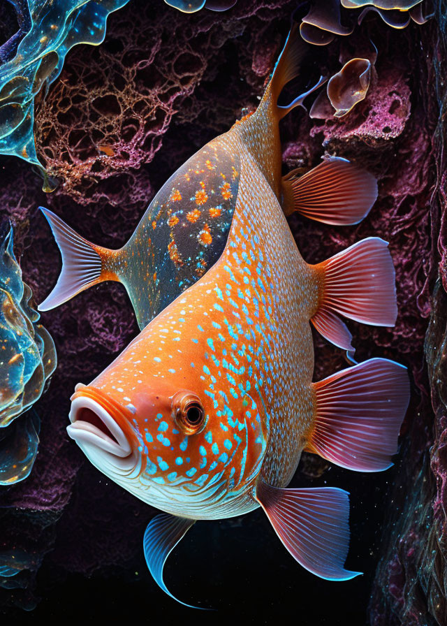 Colorful Orange Fish with Blue Spots Swimming Among Coral in Underwater Scene